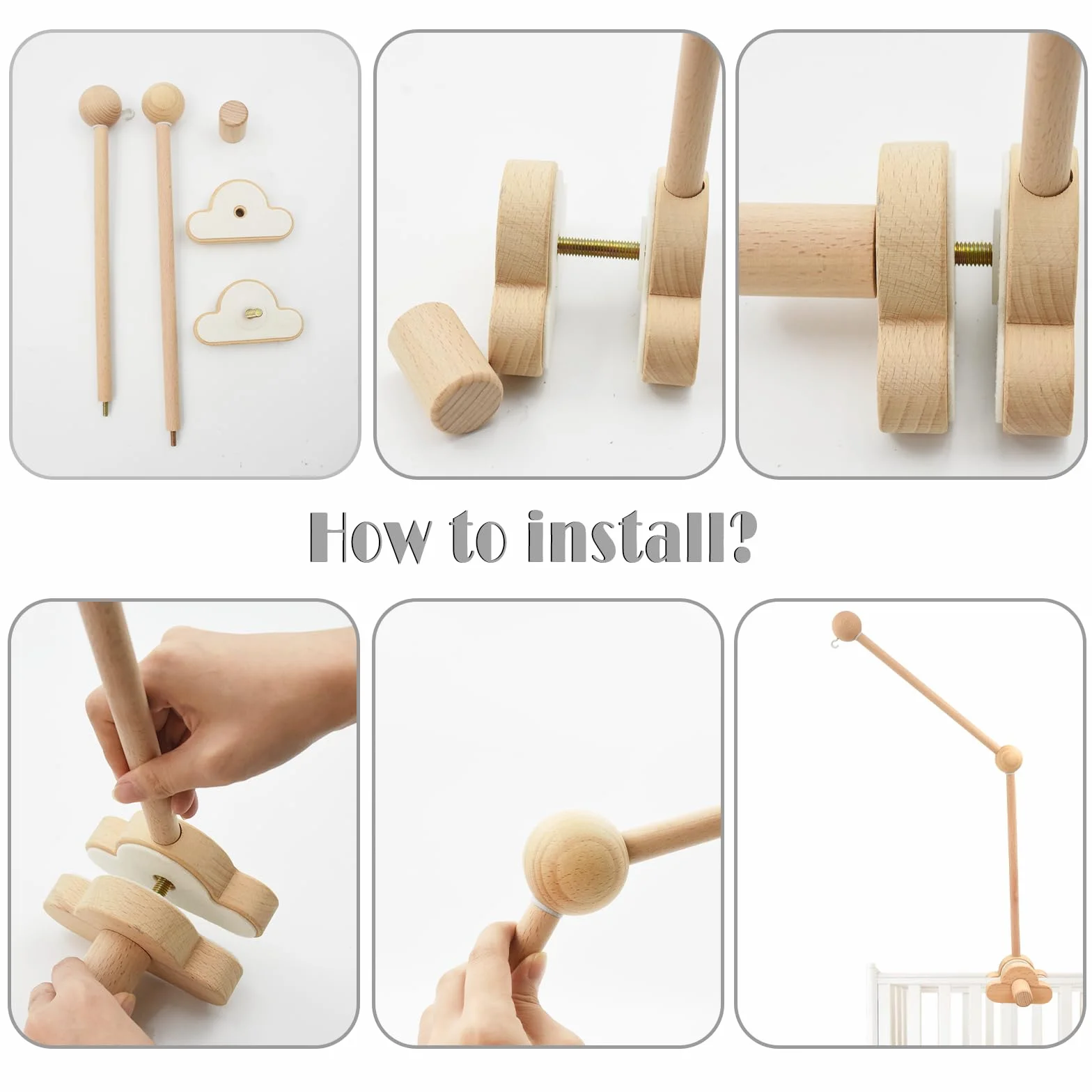 Soporte móvil, Aolkee soporte móvil de madera, bebé en movimiento, brazo móvil de cuna desmontable y ajustable para colgar juguetes de cuna en Movimiento/parabrisas, accesorios de cuna, marrón