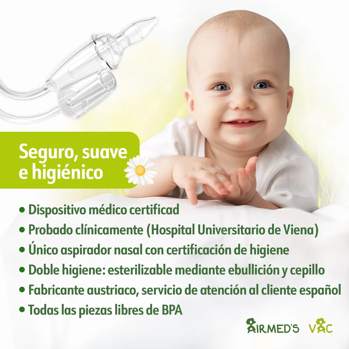 Airmed's Vac Aspirador nasal bebés. Clínicamente probado, seguro y suave | Nariz despejada en 3 segundos. Con 2 cabezales de succión y cepillo de limpieza incluido. Apto para todas las aspiradoras