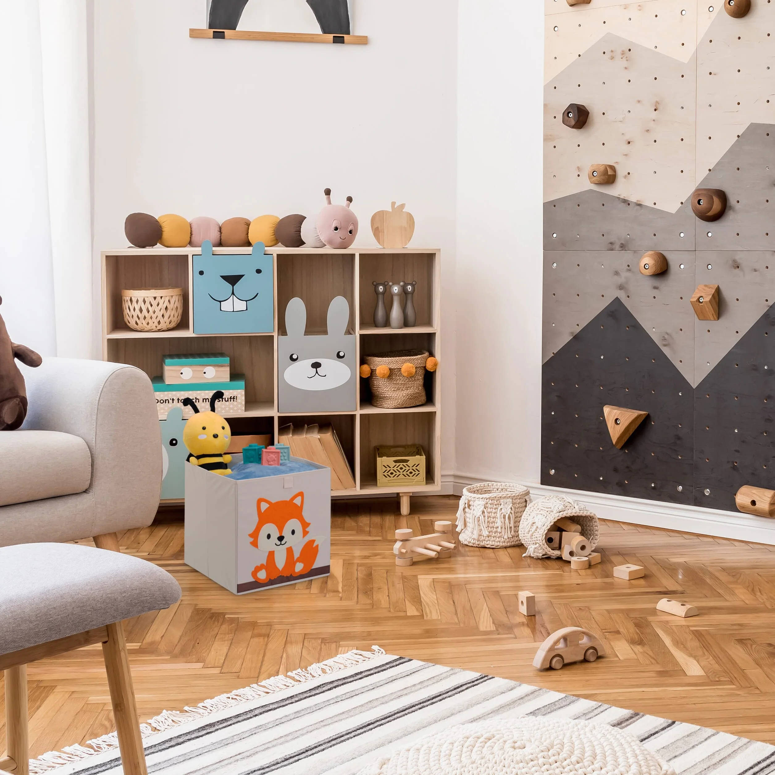 Relaxdays Caja Infantil Almacenaje Juguetes Zorro, Cesta Tela, 33x33x33cm, Beige/Naranja