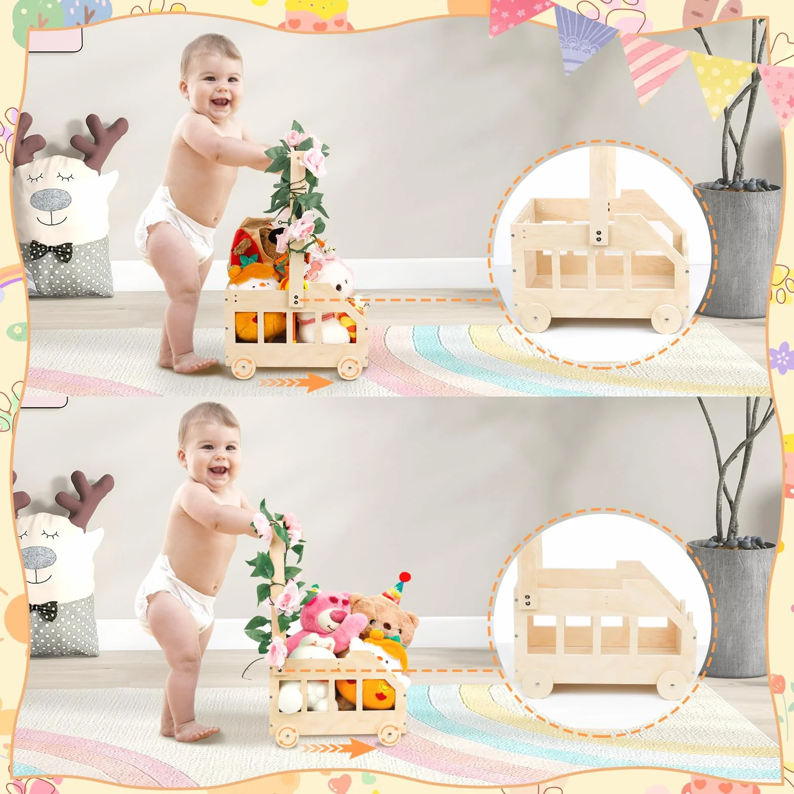 Cesta Madera Baby Shower Regalo Bebé Recién Nacido Niño Niña Armario Bebe Regalos para Baby Shower Bañera para Bebé con Ruedas Vacia Cesta de Madera con Hojas Decorativas Etiqueta de ángel y Perchero