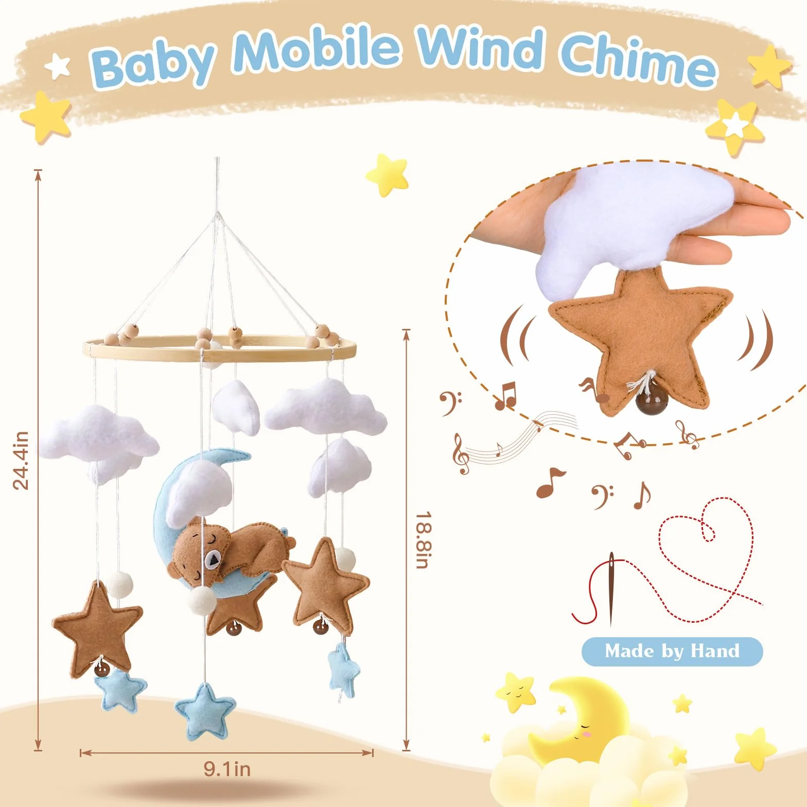 Móvil Decorativo para Cuna de Bebé con Oso Luna Estrellas Nubes