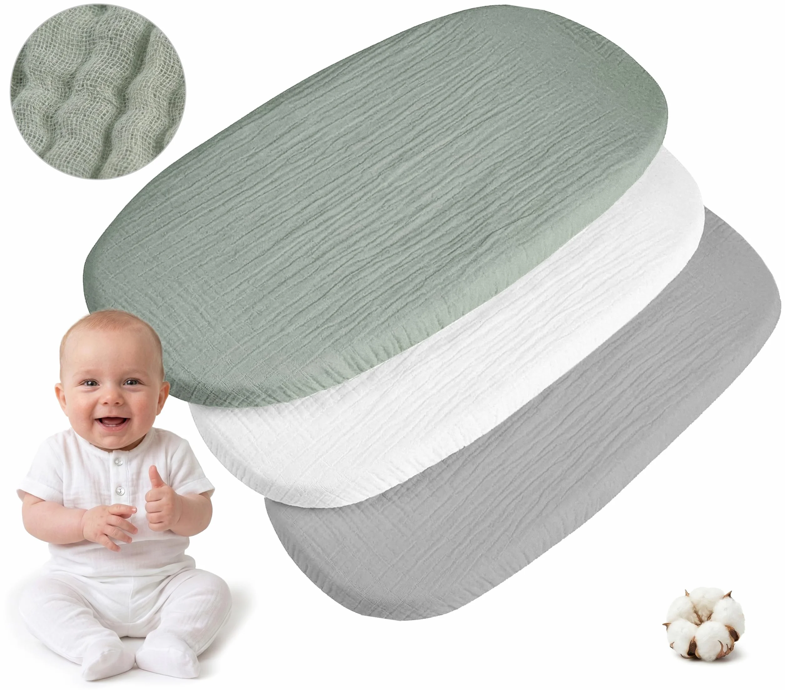 Medi Partners Sabanas Cuna Bebe 86x40 Sabana Bajera Capazo Set de 3 Funda Colchon Combiador para Carro - 100% Algodón Muselina Universal Minicuna Moises Sábanas Carrito (Oliva-Blanco-Gris)