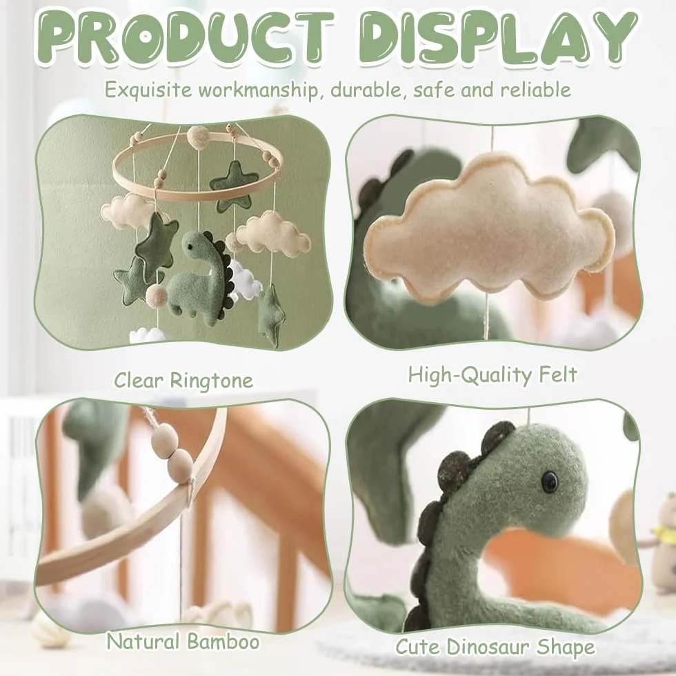 Movil Cuna Bebe, Carrusel Cuna Bebe con Dinosaurios, Nubes y Estrellas, Mobile bebe Colgante Decoración, Regalo para Recién Nacidos, Niños y Niñas