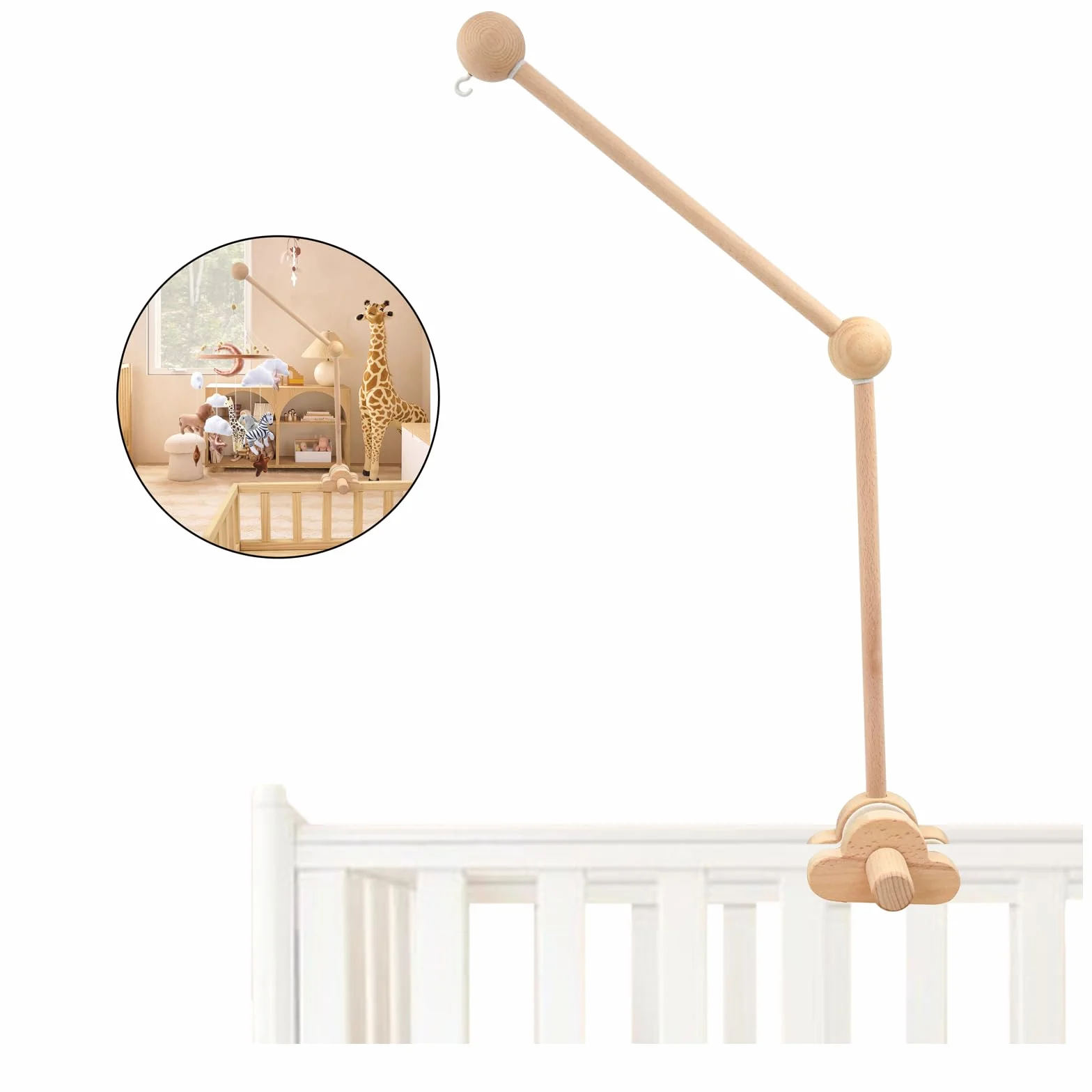 Soporte móvil, Aolkee soporte móvil de madera, bebé en movimiento, brazo móvil de cuna desmontable y ajustable para colgar juguetes de cuna en Movimiento/parabrisas, accesorios de cuna, marrón