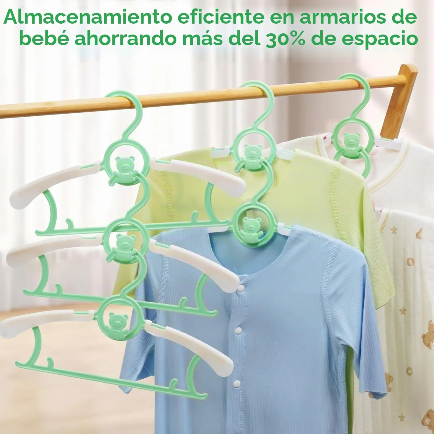 HGYZE - Muletas para niños, para el Armario de recién Nacido y niño y niña, 20 Perchas apilables con Gancho para Osito, Ajustables y Antideslizantes, Perchas para Ropa, Ahorro de Espacio (Verde)