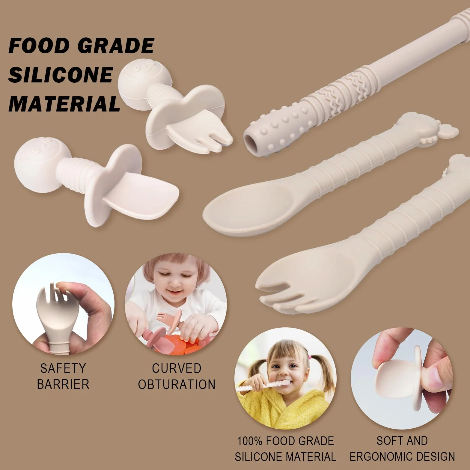 Vajilla Bebe Silicone, 10 Piezas Cubiertos, Antideslizante Con Plato Bebe Ventosa Vasito Cuchara Babero, Vajilla Aprendizaje Comer Destete (Beige)