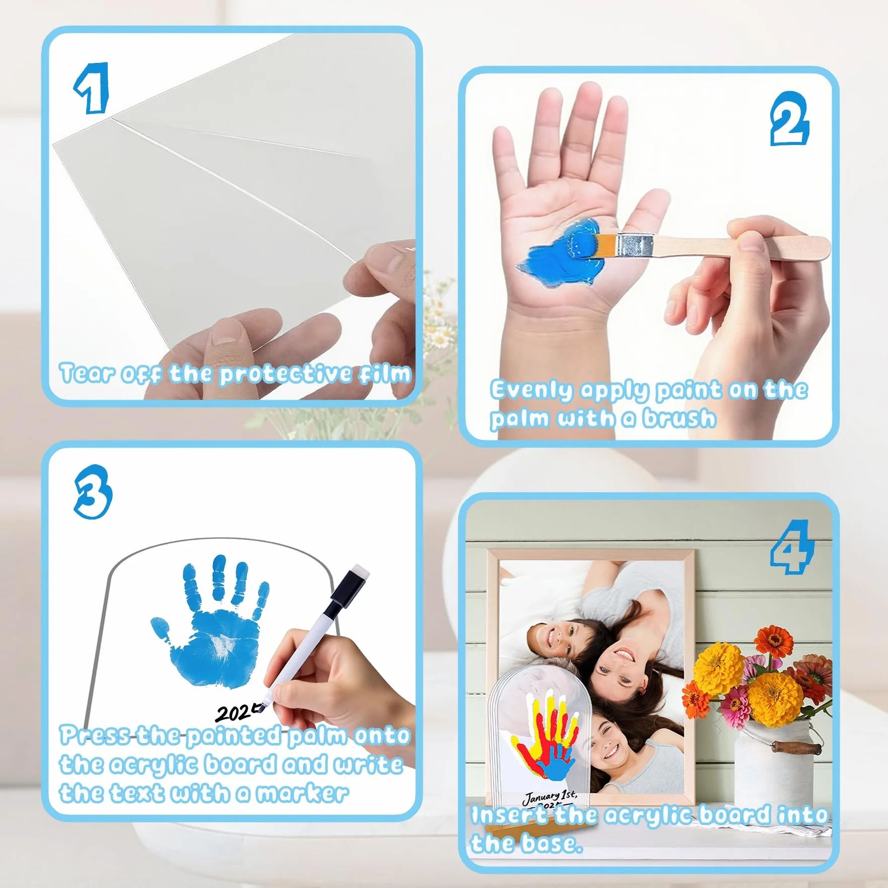 Kit de Huellas de Manos Familiares, Set Marco de Huellas Bebé Recién Nacido y Toda la Familia con Espacio para 5 Huellas, Recuerdo Personalizado Familiar DIY Regalo para Recién Nacido