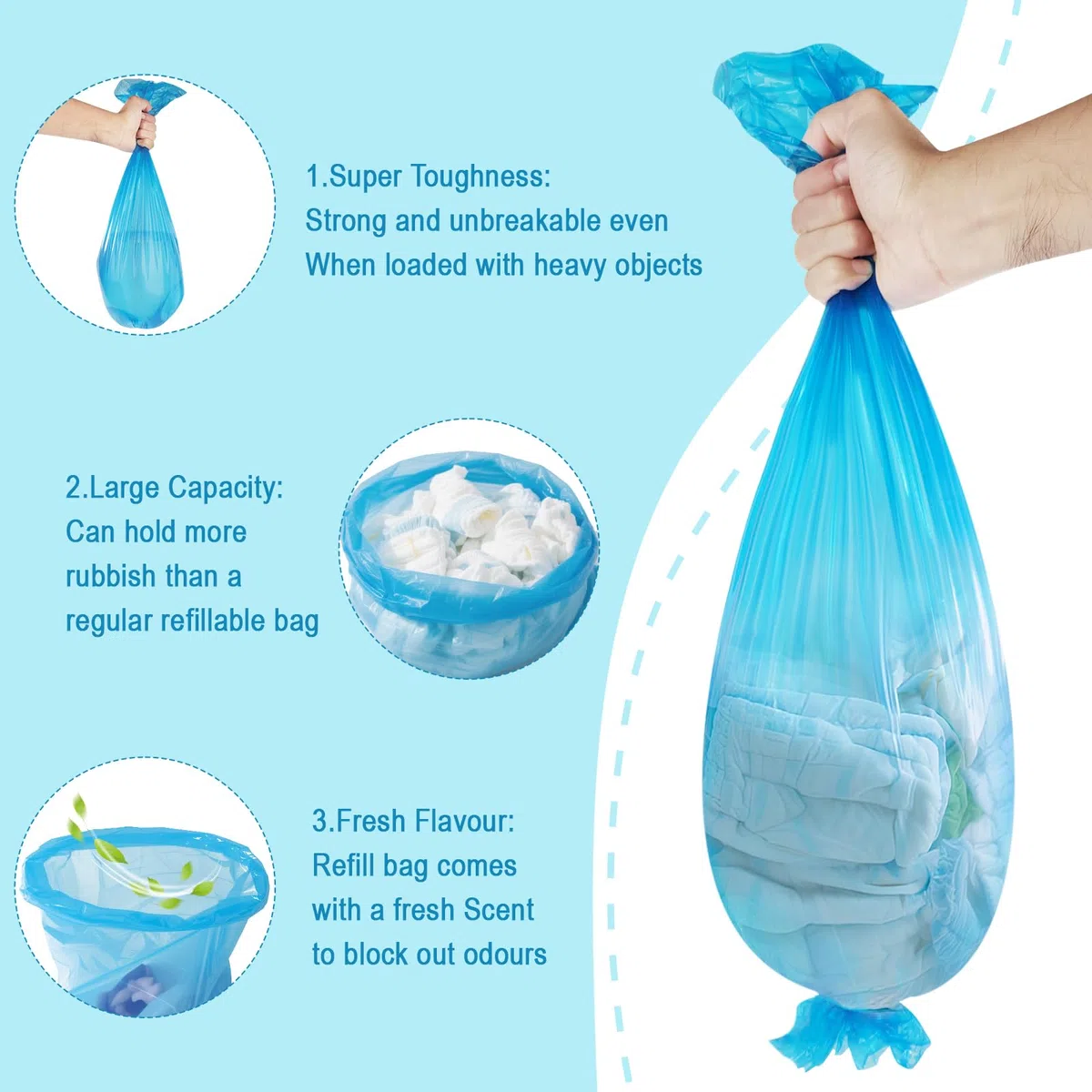 15 Recambios Contenedor de Pañales,4,5M Recambios de Papelera Pañales Bebe,Gran Capacidad Antiodor Bolsas Pañales Recambios