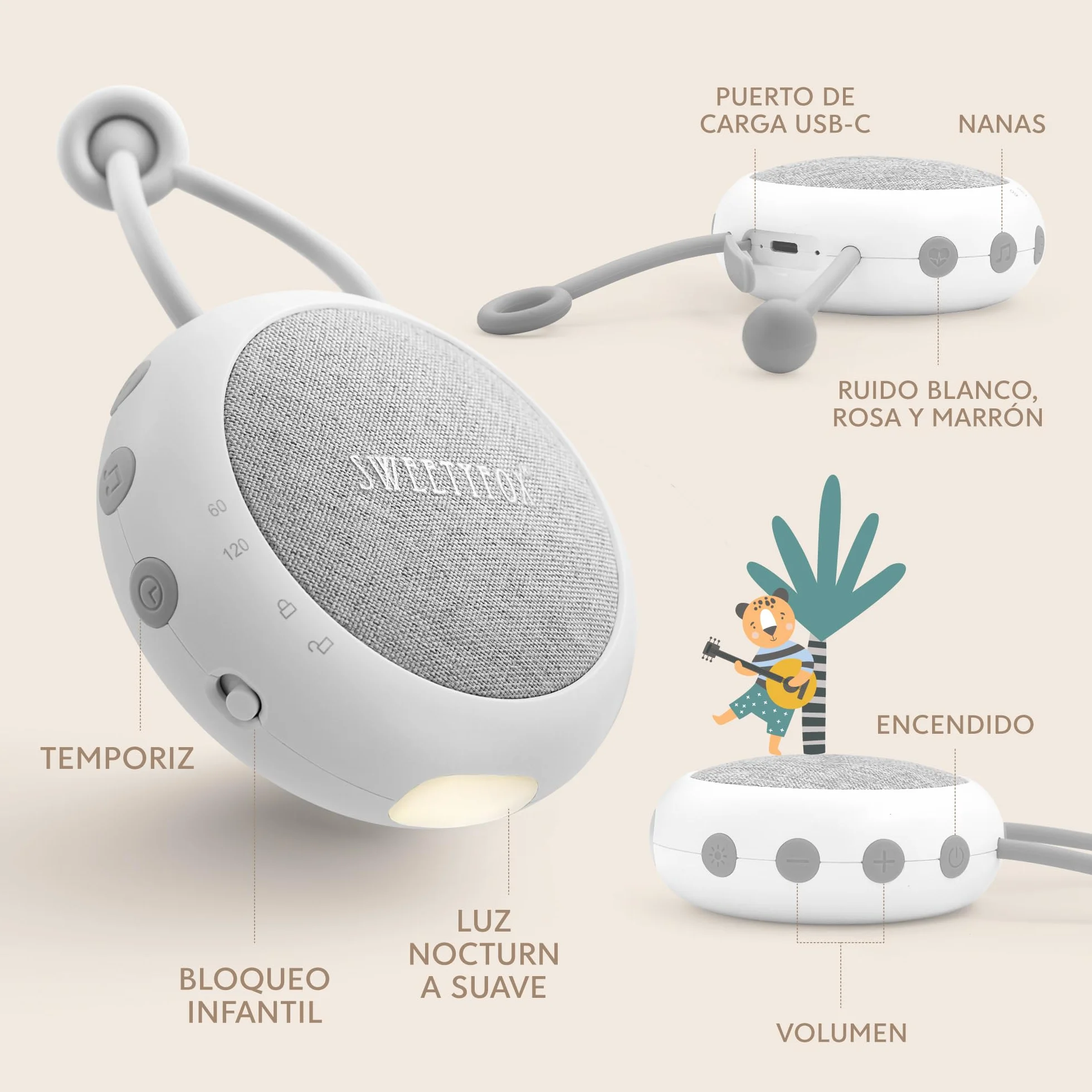 Sweety Fox Máquina Ruido Blanco Bebe 15 Sonidos Recargable por USB Luz Nocturna Musica para Dormir