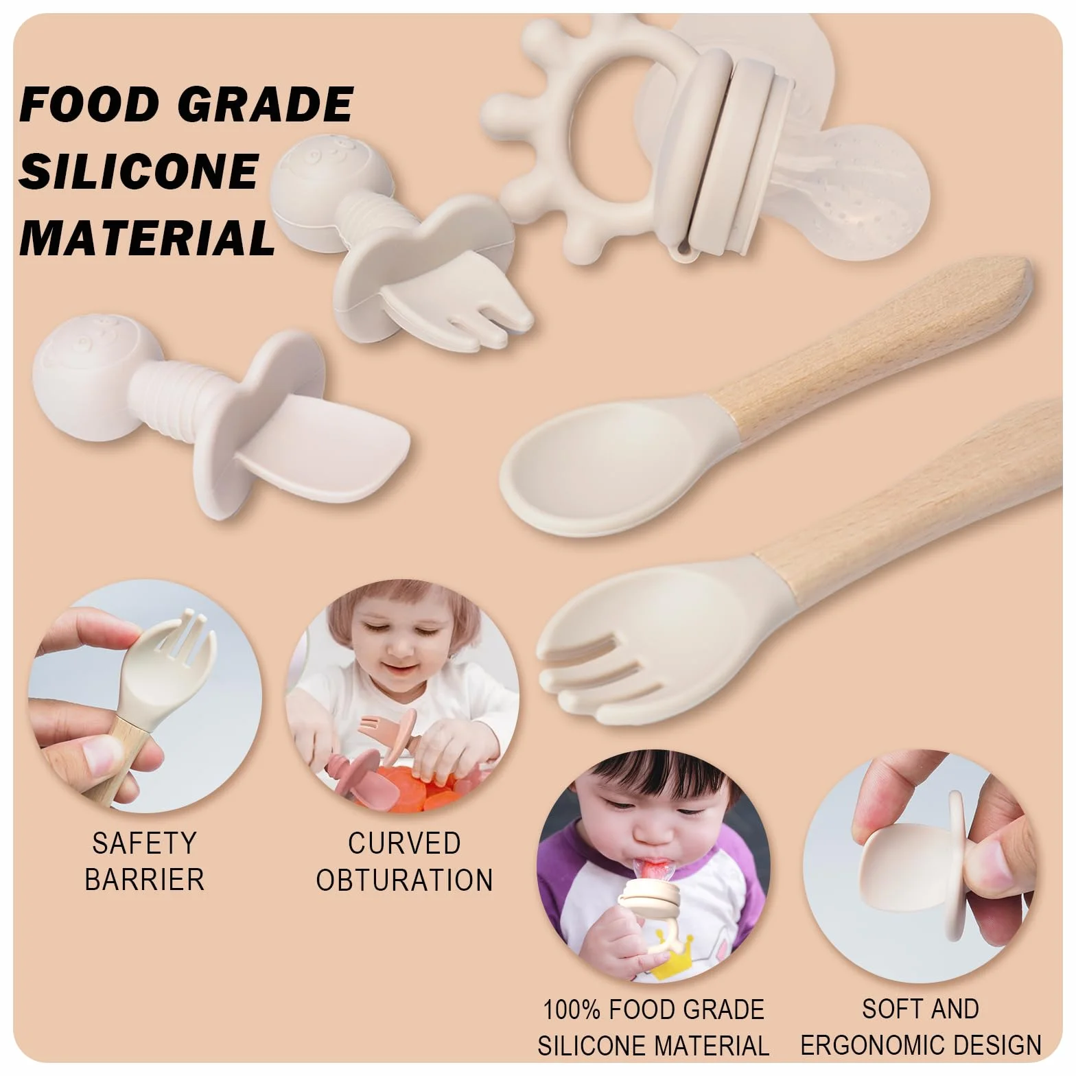 Juego de vajilla de silicona para bebé, 10 piezas: platos, antideslizantes, ventosa, cuenco, babero, cuchara, tenedor, vaso, juego de tetina de frutas, color beige
