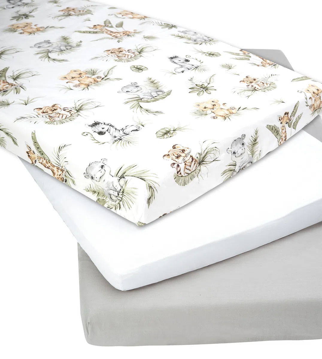Medi Partners Sabana Bajera Cuna 60x120 Set de 3-100% Algodon Sabanas de Algodón Bebe Ropa de Cama para Bebés Dormir Cuna Fitted Bed Sheet Protector (Safari-Blanco-Gris)
