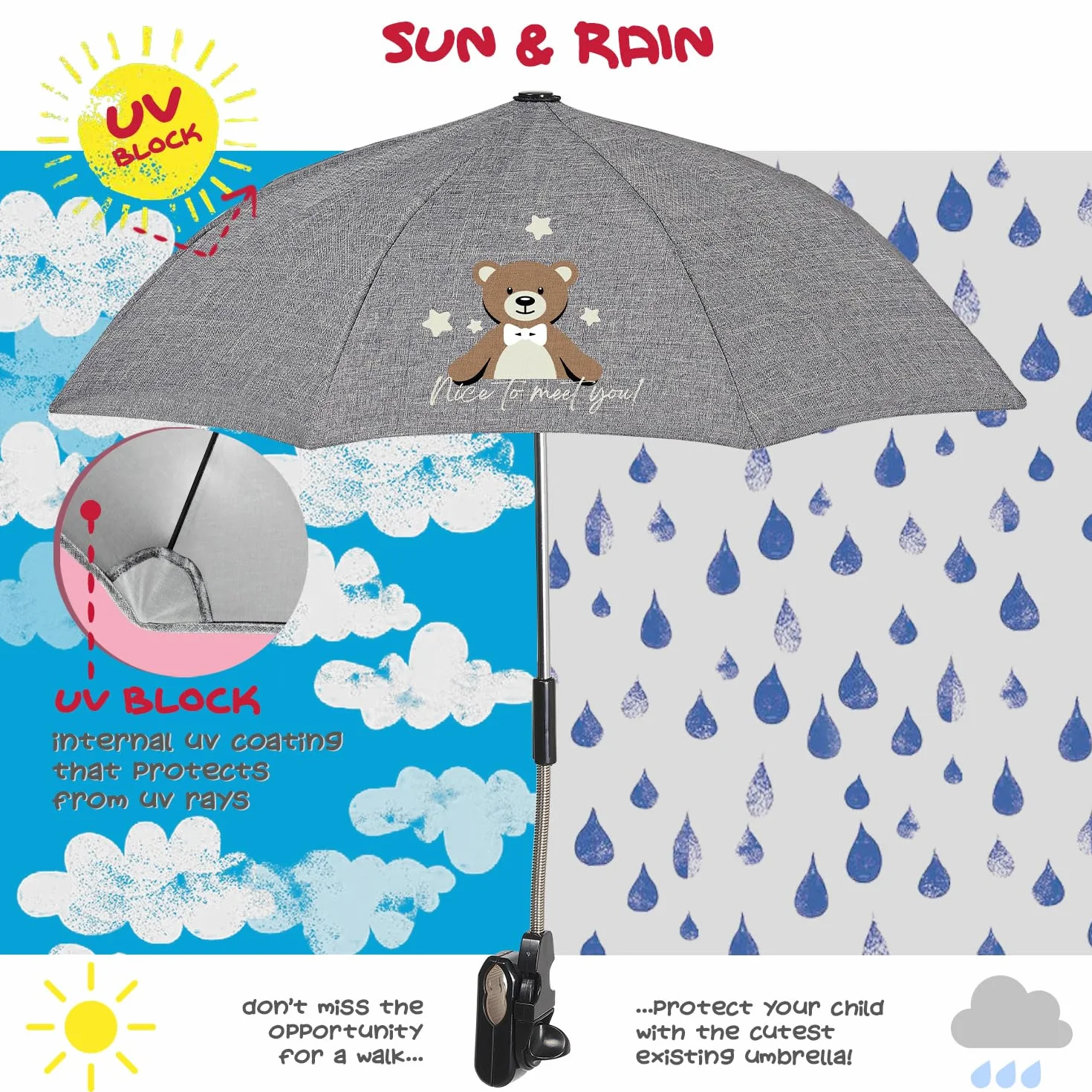 PERLETTI Sombrilla Carro Bebe Universal Anti UV con Osito - Mini Paraguas Cochecito Niño Niña Protección Solar Apertura Manual - Sombrilla Lluvia para Carrito Silla de Paseo - Diámetro 68 cm (Osito)