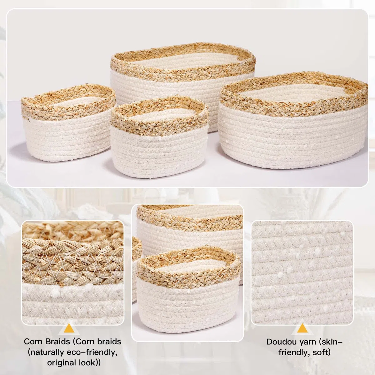 Cesta de almacenamiento para niños, cuerda de algodón trenzada, juego de 4 juegos, para cuarto de baño, cambiador de accesorios de baño, cesta trenzada