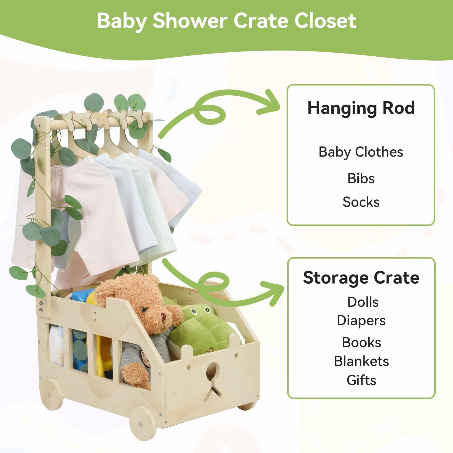 OTraki Cesta Organizadora Bebe de Madera con Ruedas, 5 Perchas para Baby Shower