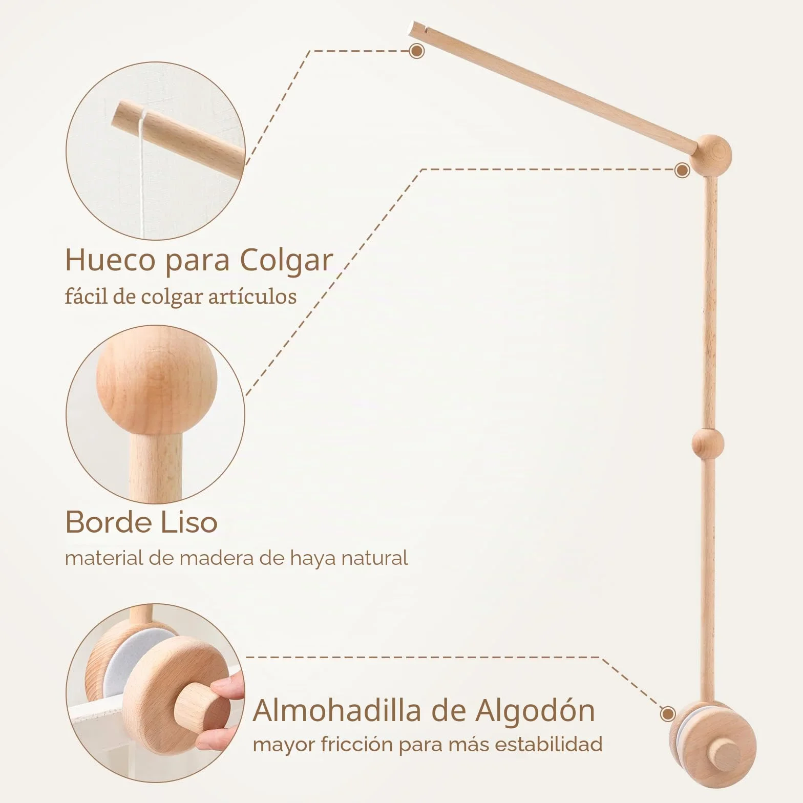 Youuys Soporte de Móvil de Madera para Cuna de Bebé, Brazo Regulable en Altura para Cama Campanas Carillones