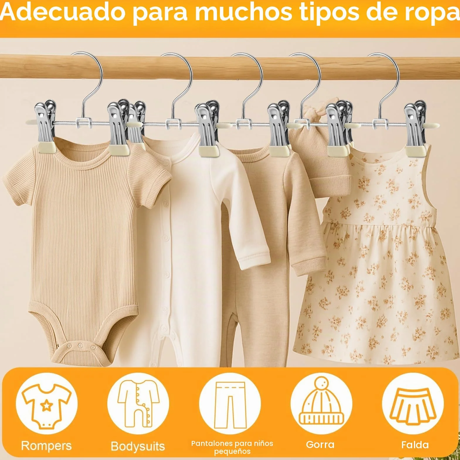Perchas Bebe 17 cm Metal con Pinzas Antideslizantes 20 Unidades Ahorran Espacio