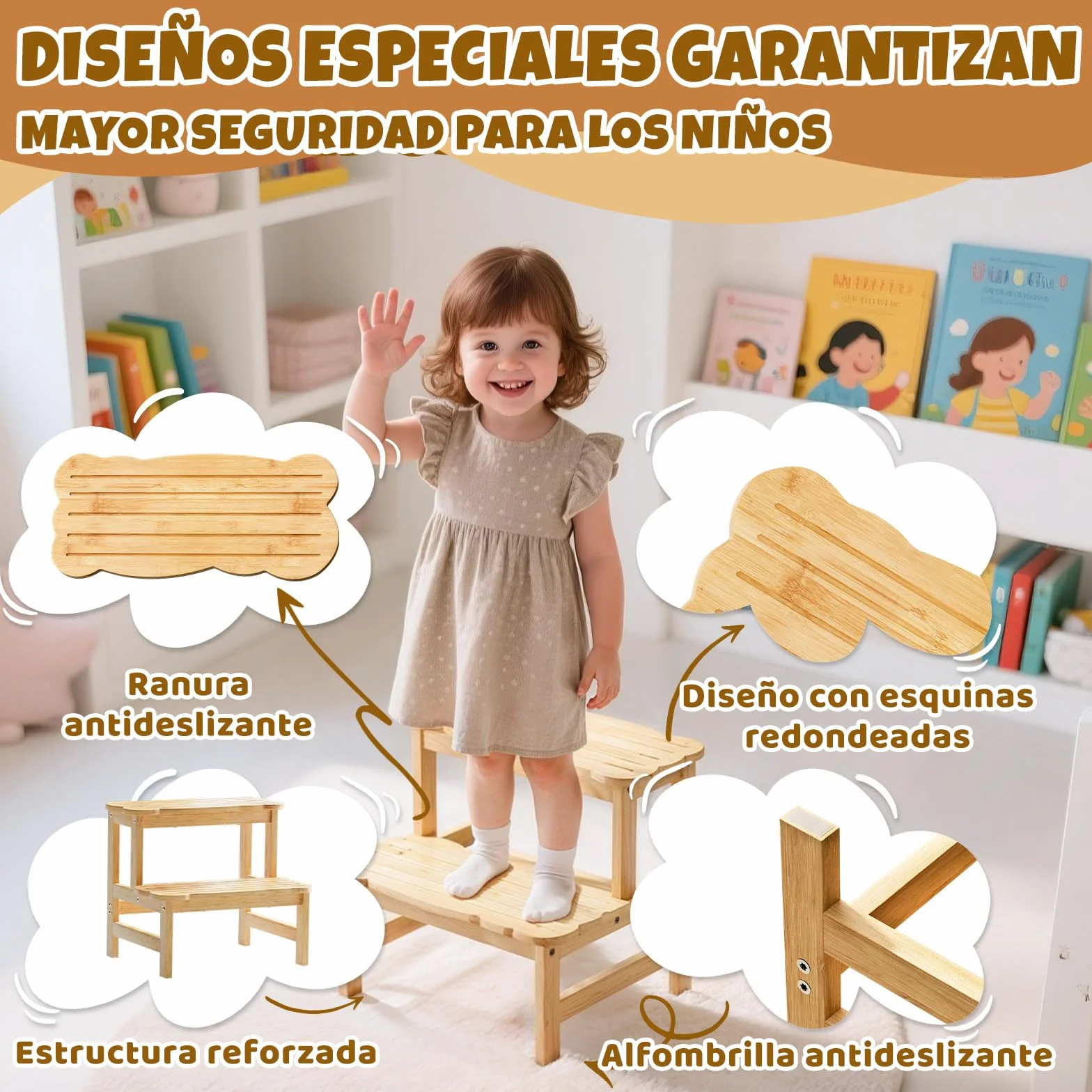 COSYLAND Taburete de Niños 2 Peldaños Escalón Infantil 18 Meses Natural