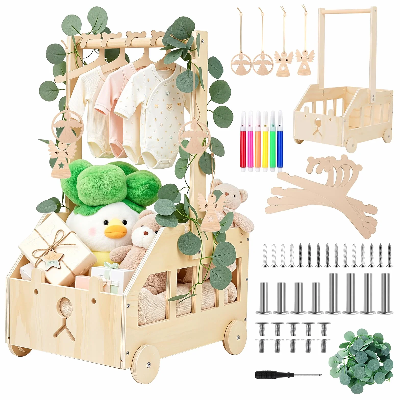 Cesta de Madera para Bebé con Perchero y Ruedas, Canastilla Baby Shower, Diseño Osito, Color Natural