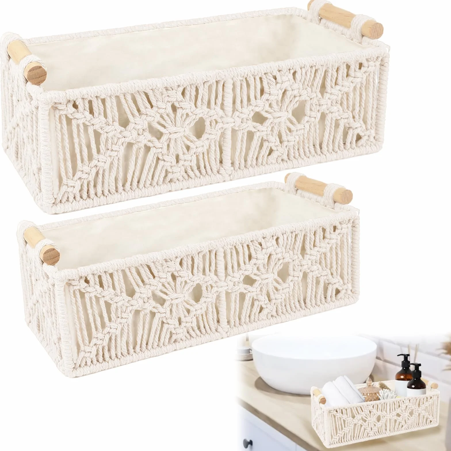 Cestas de Almacenamiento de Macramé Hechas a Mano, Decoración Bohemia, Caja Tejida con Asa, Cesta Trenzada para Baño, Dormitorio, Salón (Blanco Algodón)