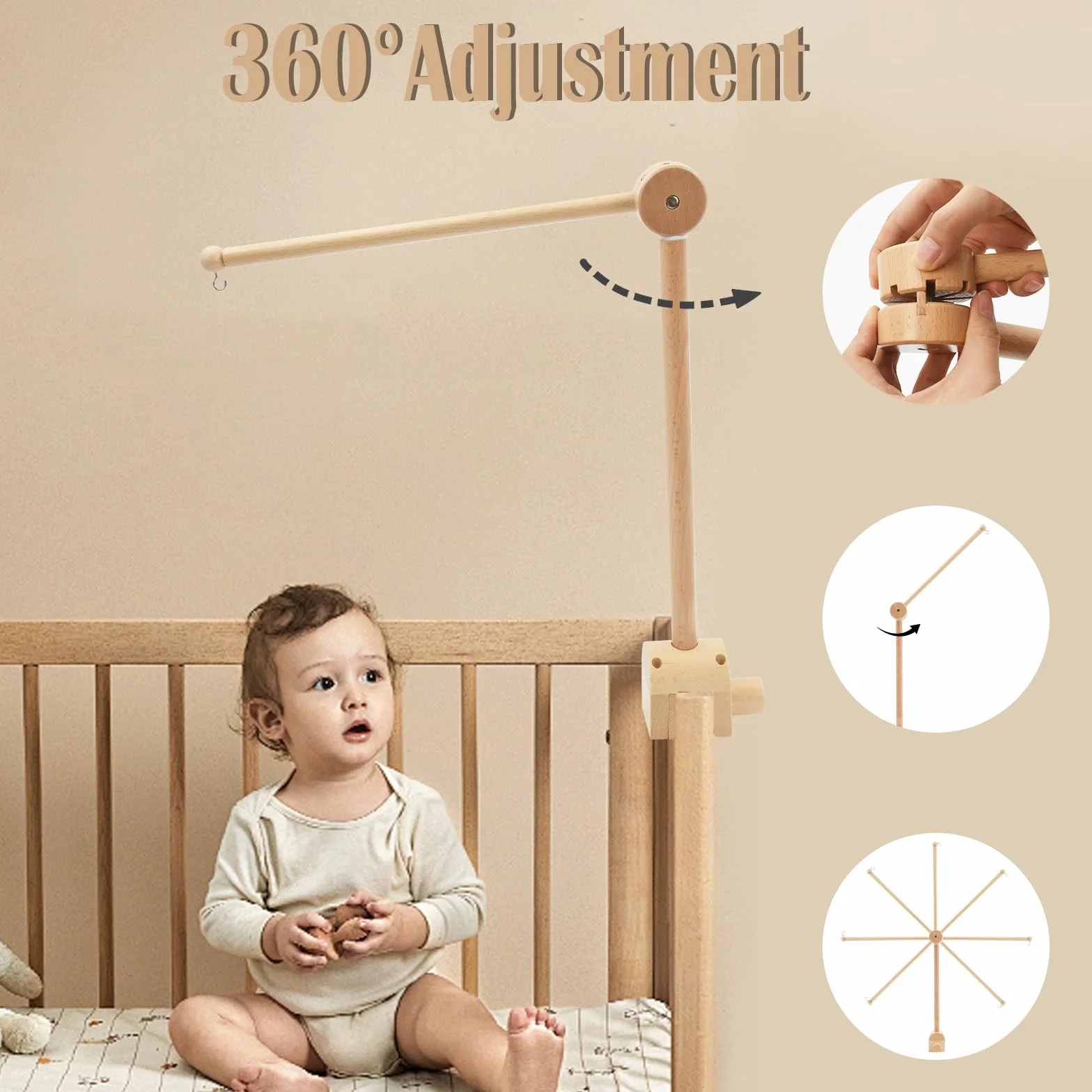 Soporte móvil para bebé, Soporte Móvil Cuna de Madera, Altura Ajustable Carrusel Cuna Bebe, Percha para Móvil de Bebé Extraíble, para Colgar Campanas de Viento Campana de Cama Juguetes