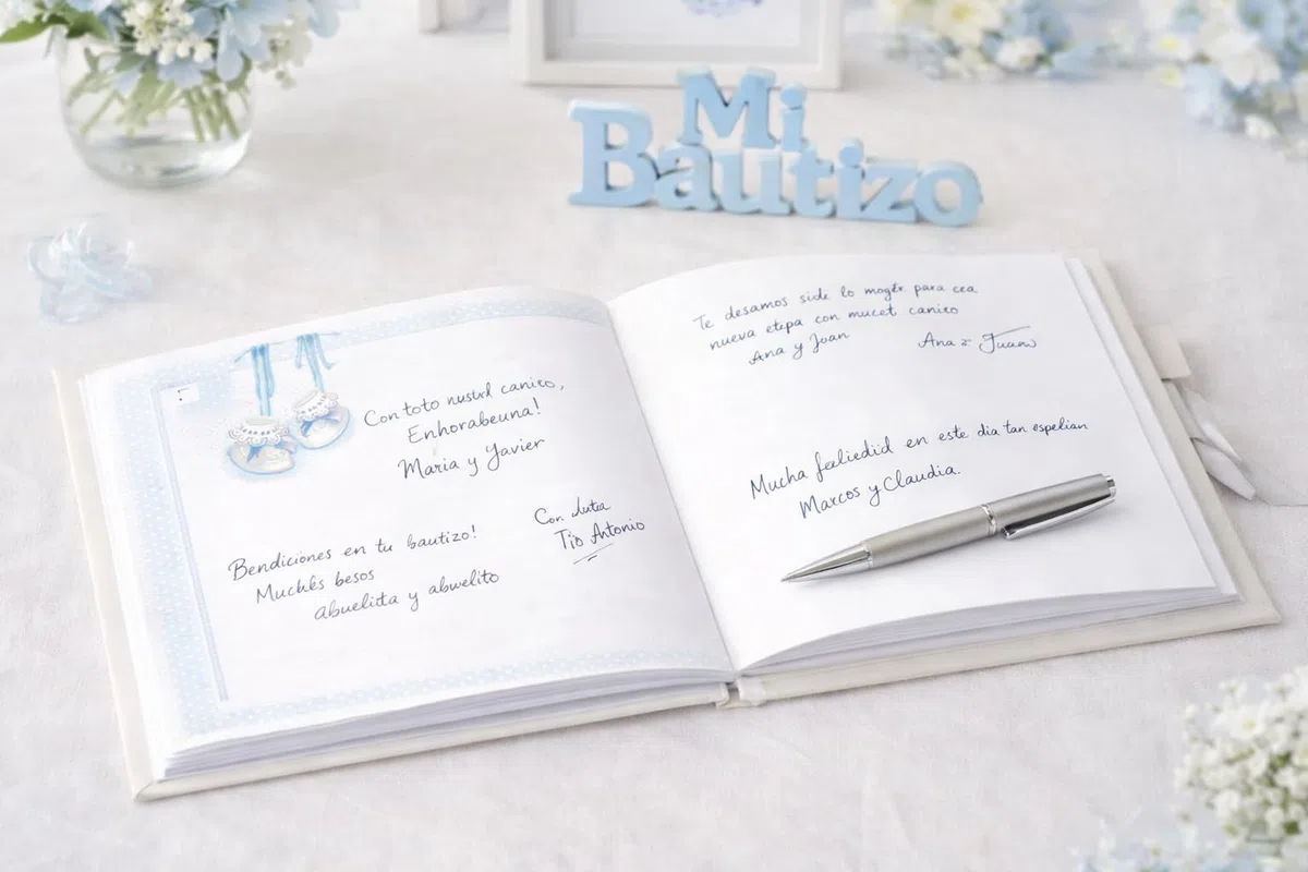 Libro de firmas bautizo bebé niño mas porta móviles con foto personalizable. Libro para recordar los momentos más bellos de un día especial y único