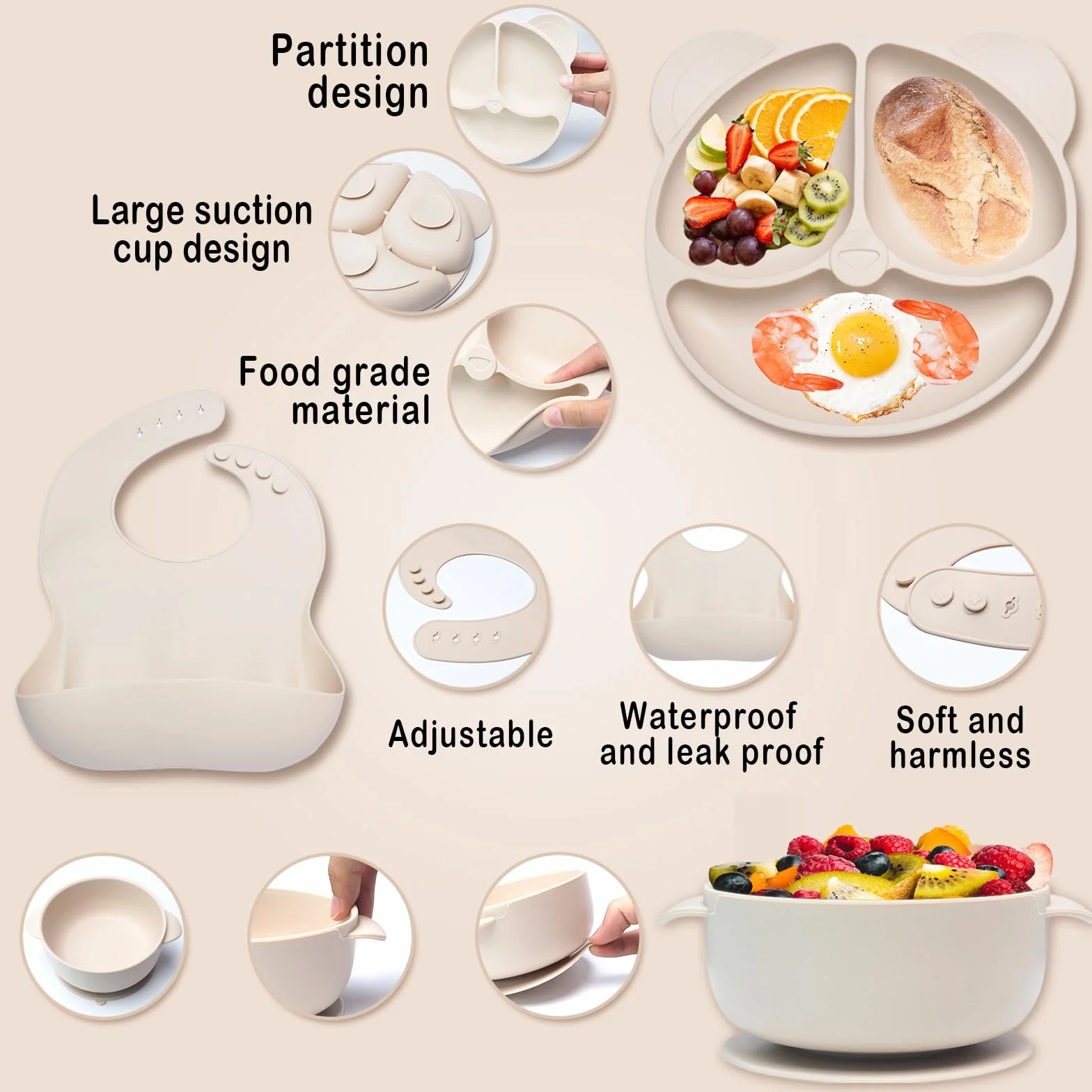 Juego de vajilla de silicona para bebé, 10 piezas: platos, antideslizantes, ventosa, cuenco, babero, cuchara, tenedor, vaso, juego de tetina de frutas, color beige