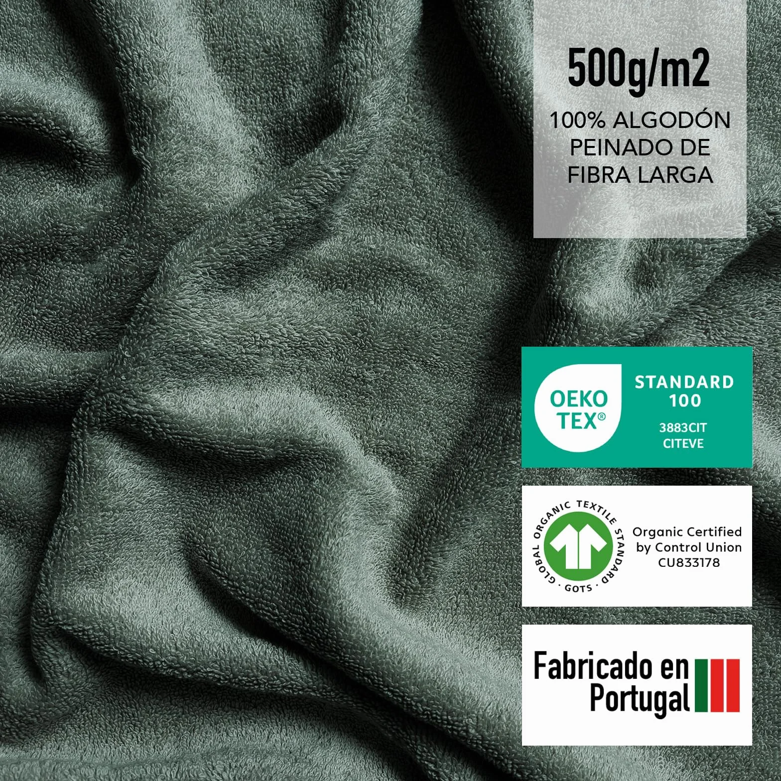 Juego de 6 Toallitas de Baño de Algodón Orgánico 500 g/m² - GOTS Oeko-Tex - Fabricado en Portugal