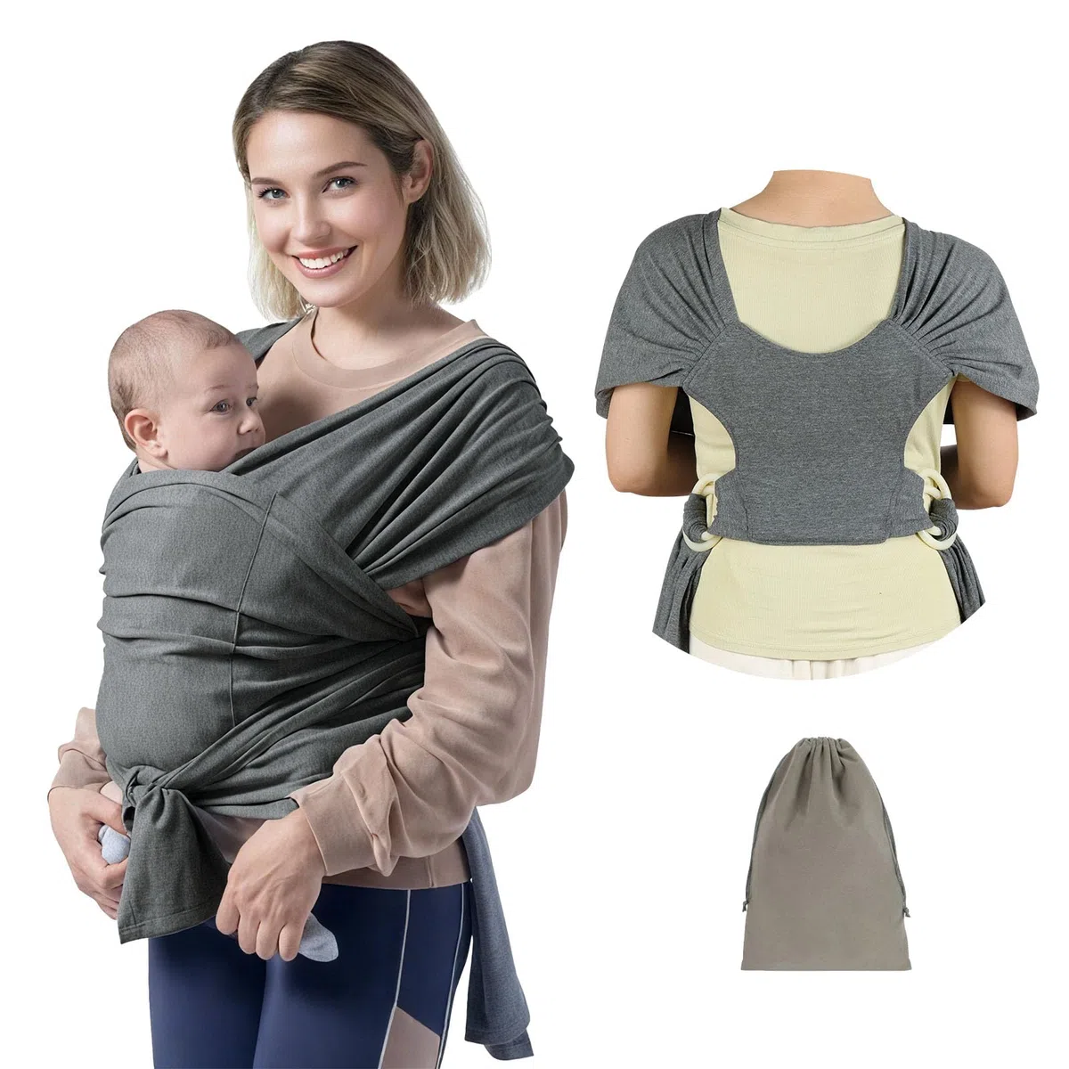 AUYAO Fular Portabebe Bebe, Mochila Portabebes Recién Nacidos, Sling Bebe, Suave, Ligero y Transpirable, Fular Elástico Portabebé, Ajustable, Ideal para Recién Nacidos, Gris Oscuro