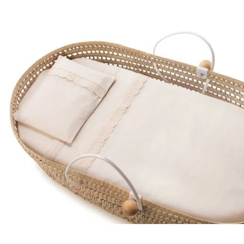 Sábana para Cuna Moisés de Algodón Beige con Puntillas para Bordar a Punto de Cruz - 65x115 cm