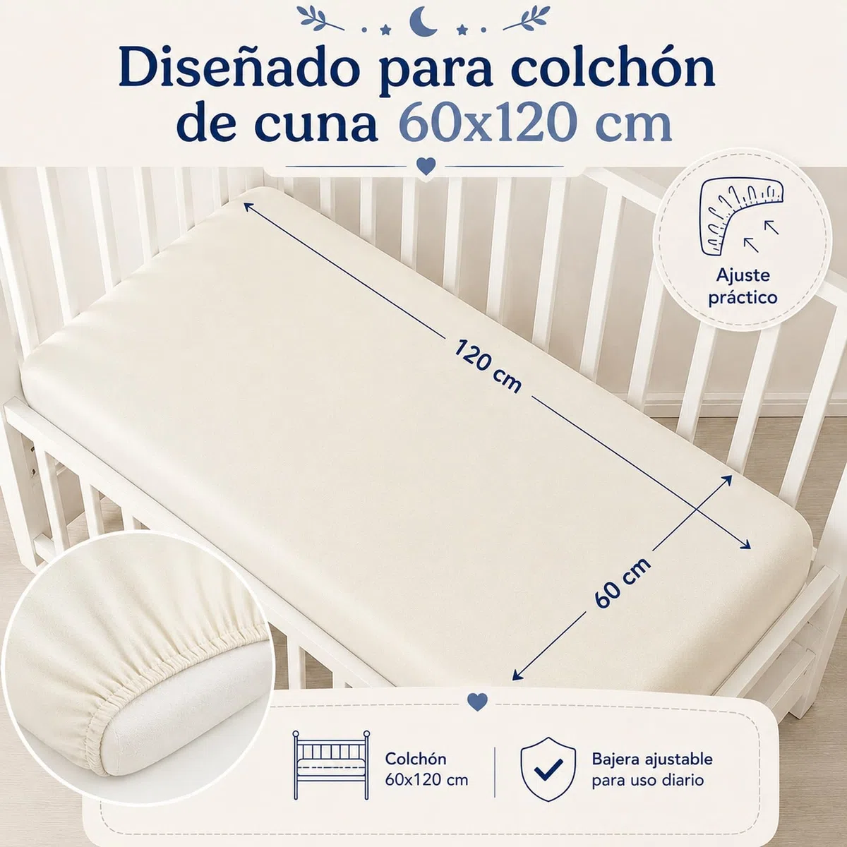 Sabanas Cuna 60x120 Algodon para Bebé, Juego Completo 3 Piezas con Bajera Ajustable, Encimera Y Funda De Almohada, 100% Algodón Suave para Descanso Diario (Crema)