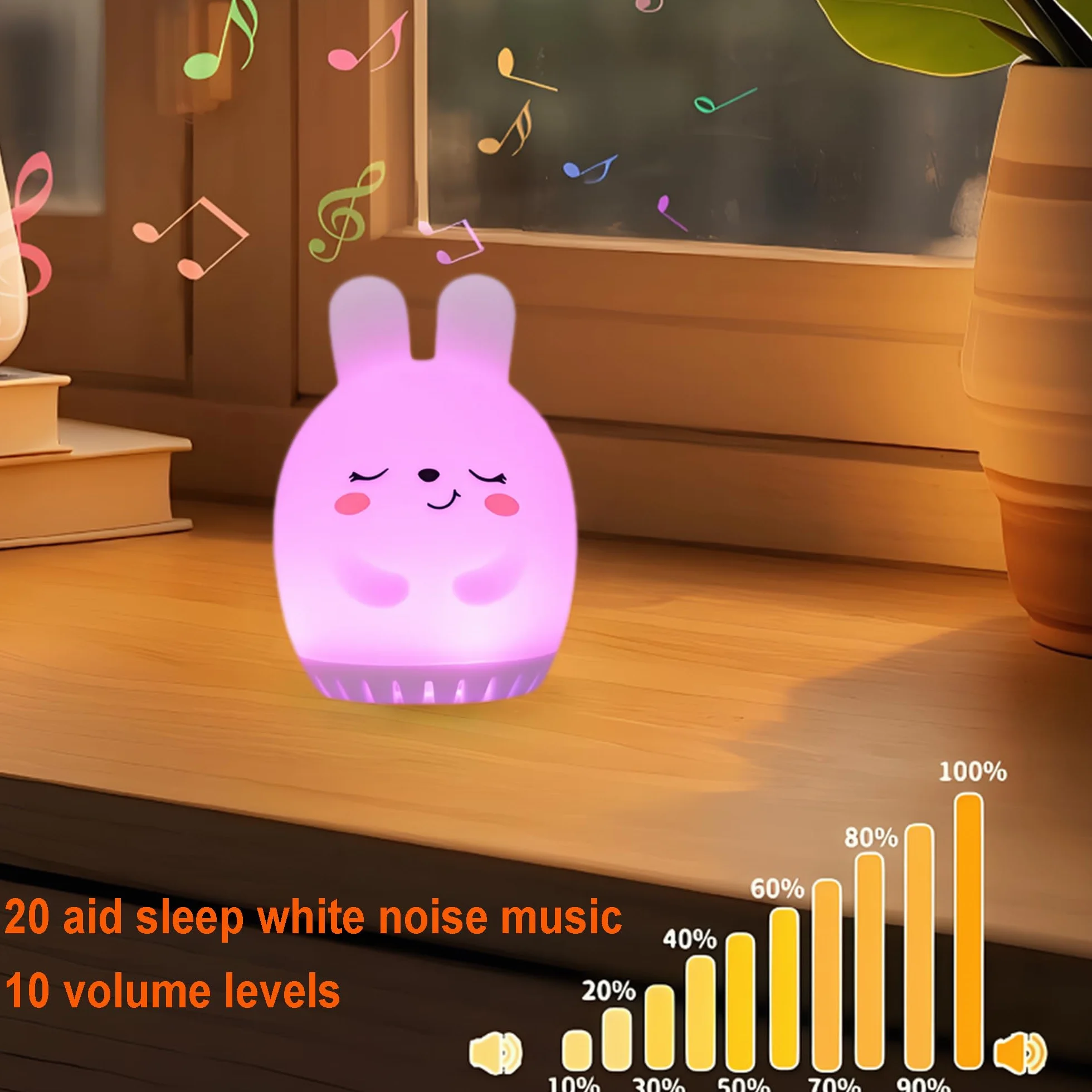 Lámpara LED de silicona suave con ruido blanco para infantil - Luz nocturna recargable portátil - Conejo