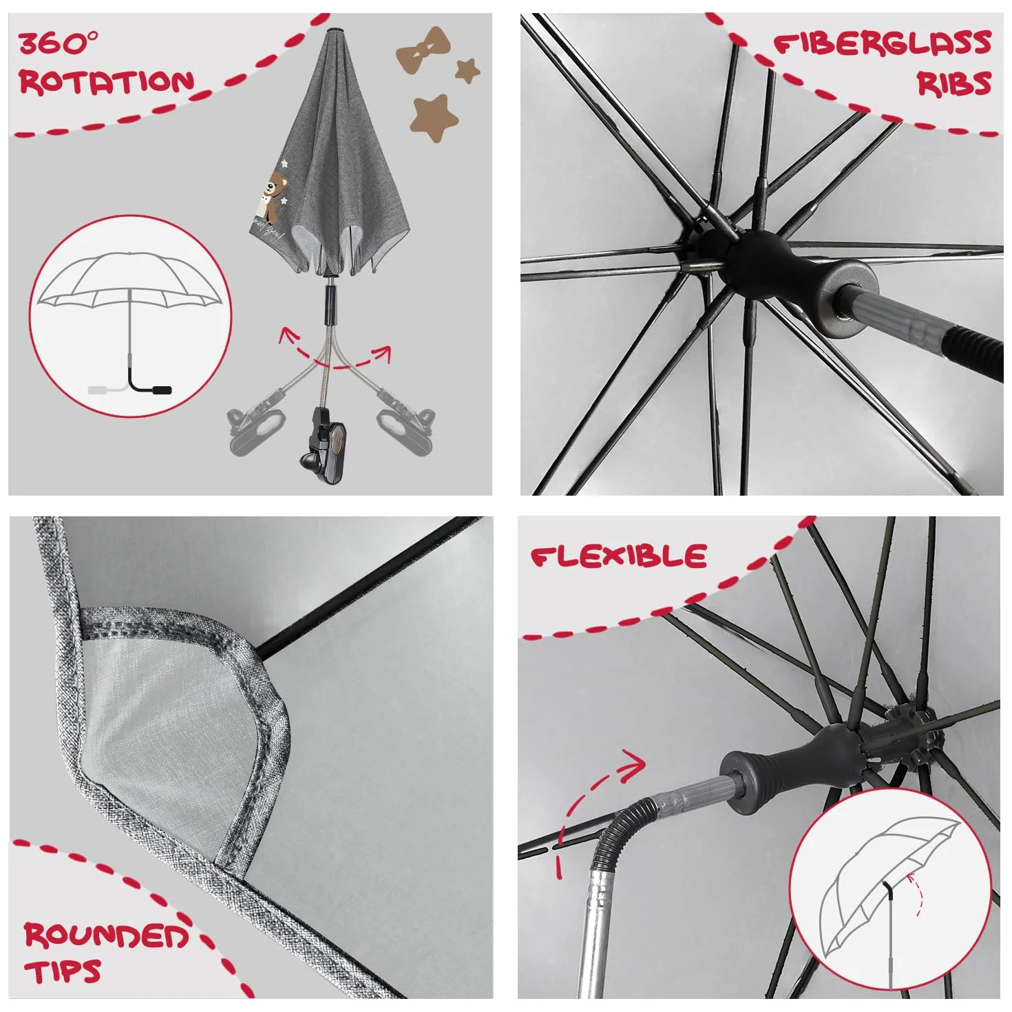 PERLETTI Sombrilla Carro Bebe Universal Anti UV con Osito - Mini Paraguas Cochecito Niño Niña Protección Solar Apertura Manual - Sombrilla Lluvia para Carrito Silla de Paseo - Diámetro 68 cm (Osito)
