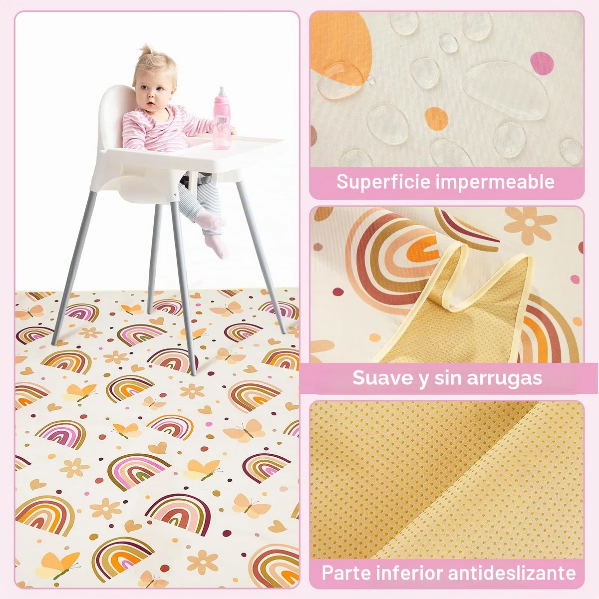 Unicorn Castle Alfombrilla Trona Bebé 107x117cm, Alfombra Impermeable Lavable Antideslizante, Splash Mat Plegable y Portátil para Comidas y Protección del Suelo,Brown Rainbow