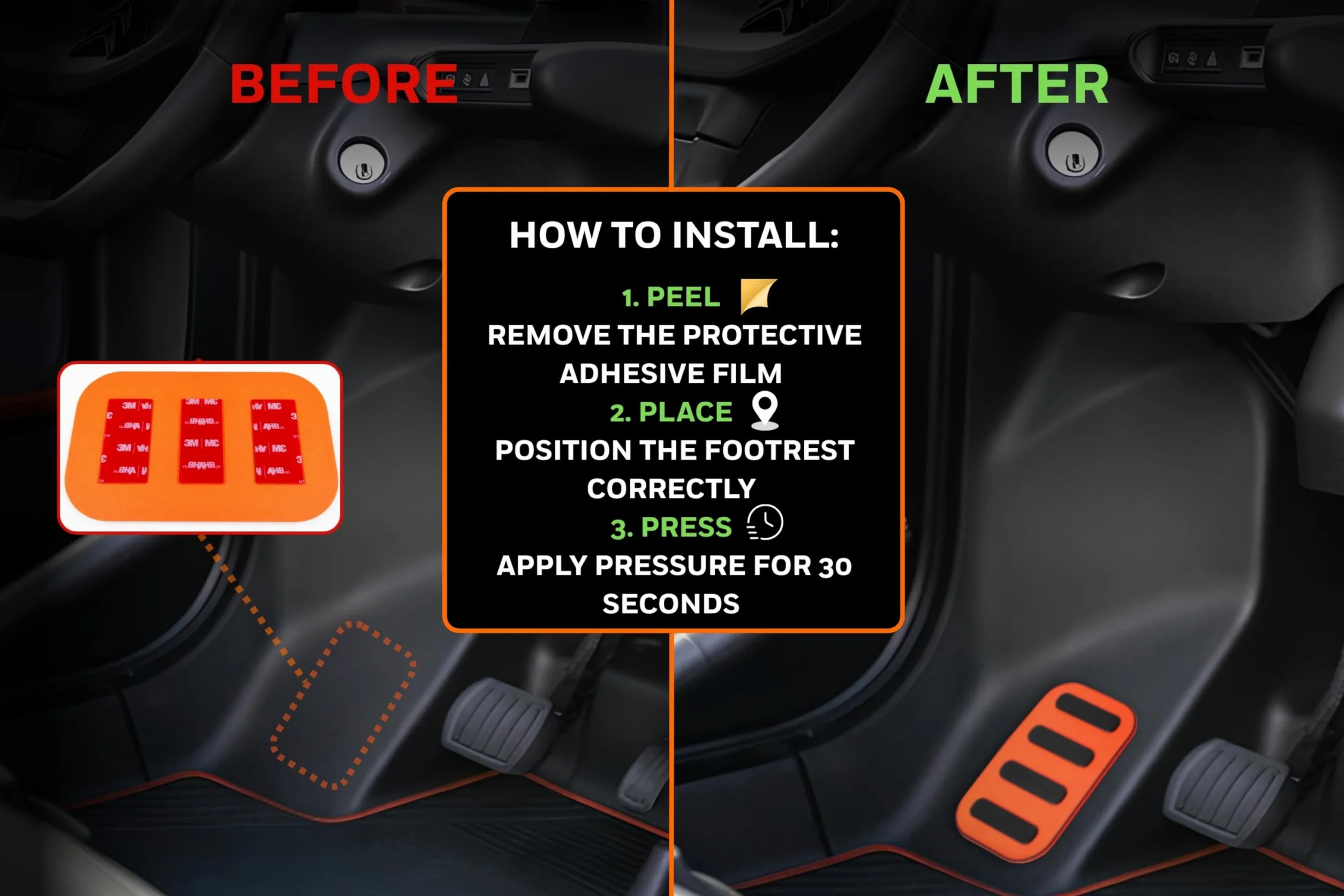Reposapiés compatible con Citroen AMI – Reposapiés del conductor – Accesorio interior de coche – Protector de plataforma lado izquierdo naranja y negro – Montaje sin agujeros
