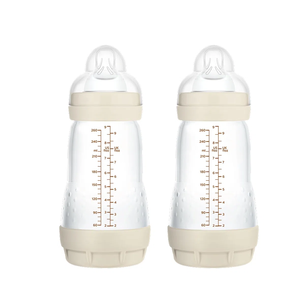 MAM Pack 2 Biberones Anticólicos, 2-4 Meses, 260ml, con con Tetina 2 Flujo Medio de Silicona de Fácil Aceptación, Autoesterilizable y Fácil de Limpiar, MAM Easy Start Anti-Colic, Neutro Mate, 2uds