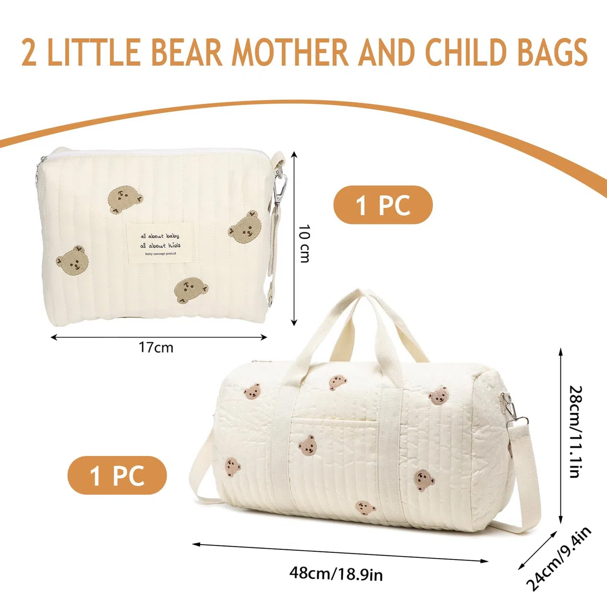 Wickeltasche Kinderwagen Baby Bag Babytasche 2er Set, Mama Tasche mit Bären-Stickerei für Geburt Kliniktasche Reisen, Groß Wickeltasche Tote für Mama und Baby