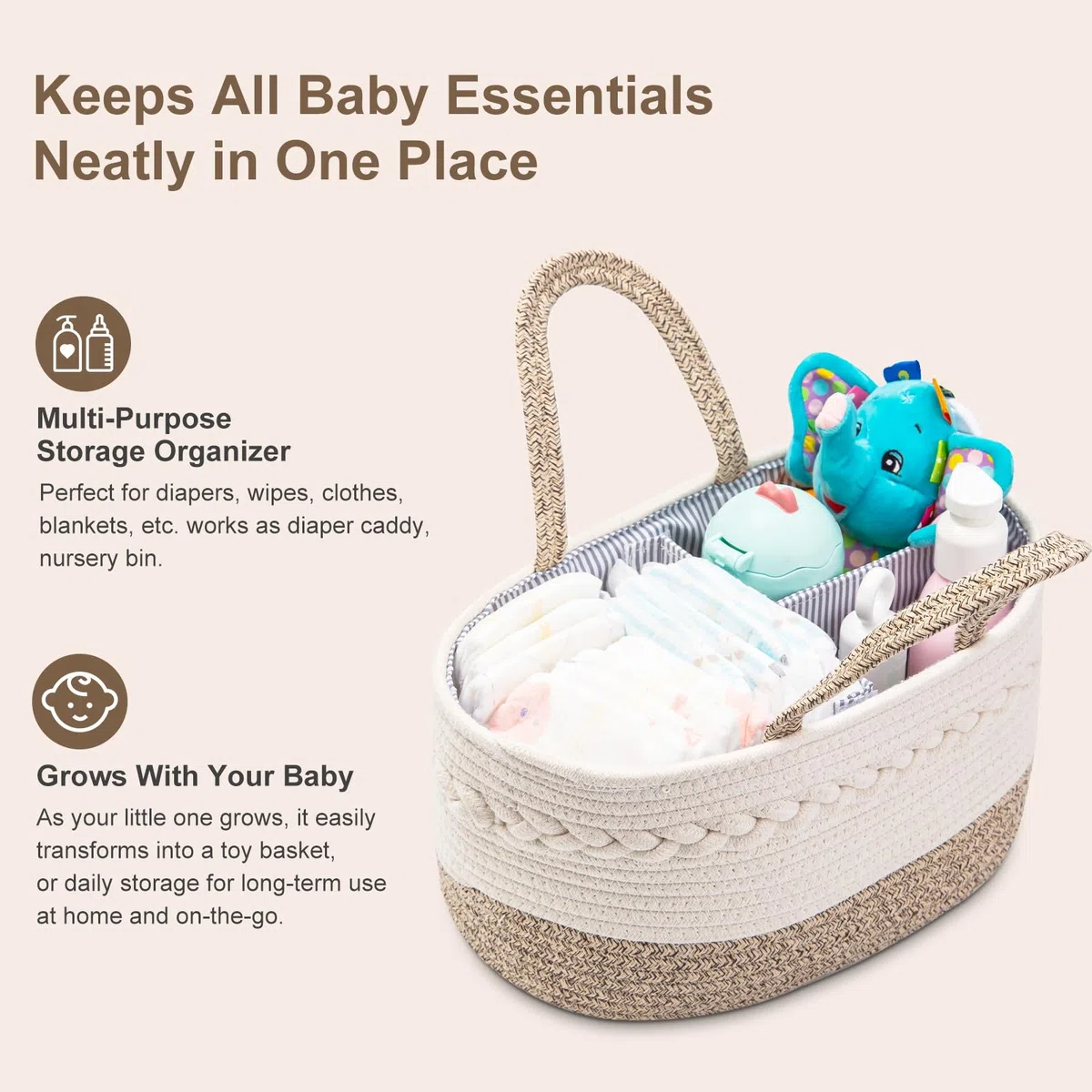 Organizador de canasta de pañales para bebé, cesta de almacenamiento para habitación infantil con 3 compartimentos, lona 100% algodón, cesta de pañales portátil, regalo para recién nacidos