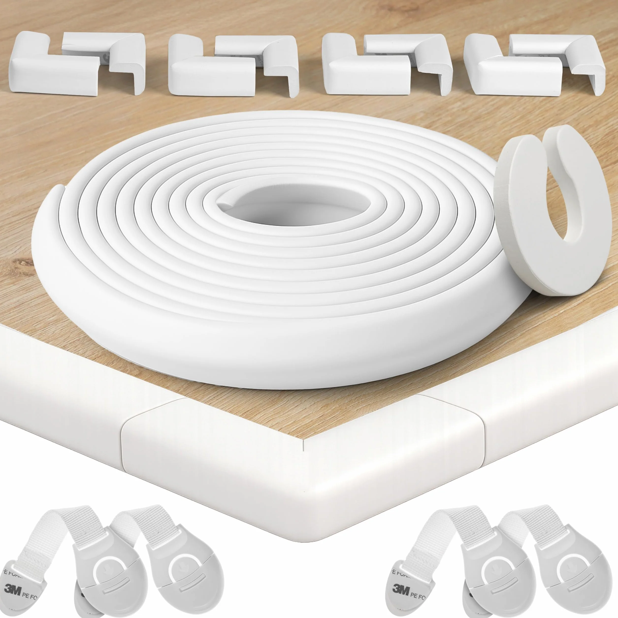 Happy Chlea Protector Esquinas Bebé – Cobertura Total 6,4 m (Rollo Protector de Bordes + 8 Cantoneras) + 4 Cerraduras y 1 Tope Puerta, Kit Seguridad Infantil para Mesa y Muebles