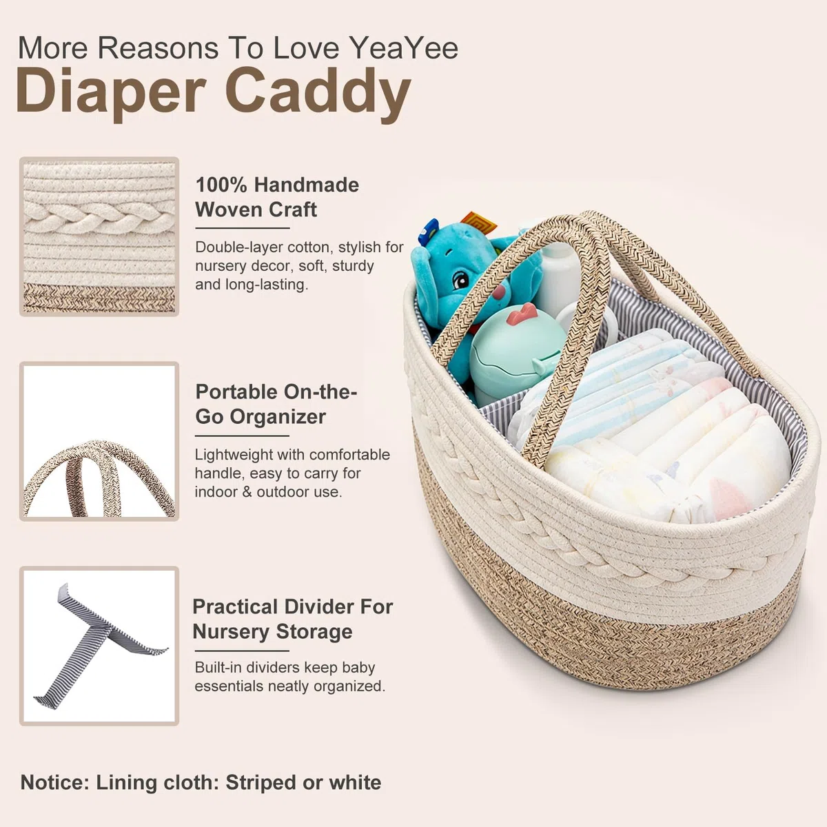 Organizador de canasta de pañales para bebé, cesta de almacenamiento para habitación infantil con 3 compartimentos, lona 100% algodón, cesta de pañales portátil, regalo para recién nacidos
