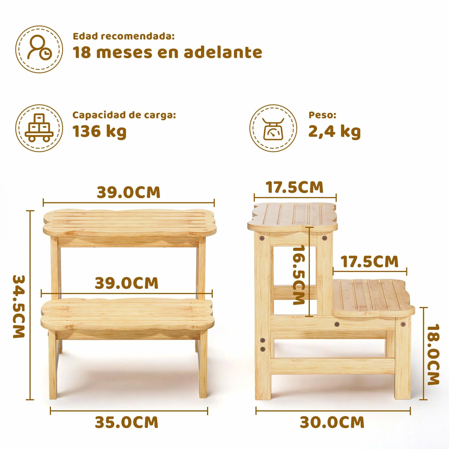 COSYLAND Taburete de Niños 2 Peldaños Escalón Infantil 18 Meses Natural
