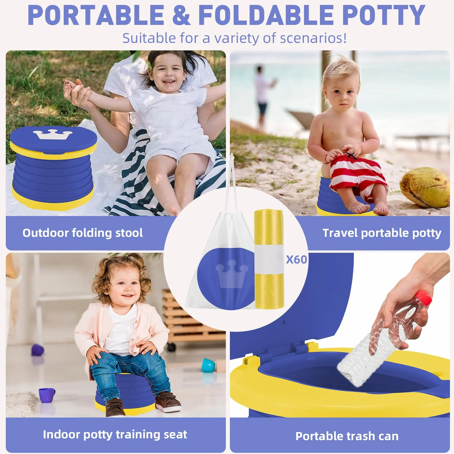WC Portatil Niños Orinal Plegable Vater Inodoro Plegable Orinales Infantiles Bacio Portátil Urinal Potty Training Niño Penico Vasenilla Niña + 60PCS Bolsas Orinal Portatil para Viaje Camping (Azul)