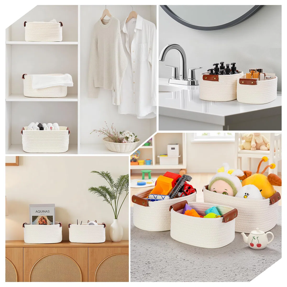 Cestas Almacenaje Tejidas con Cuerda de Algodón,Juego de 3 Cesta Organizadora Bebe, Cestos Organizadores para Salones, Armarios, Juguetes y Baño(Beige)