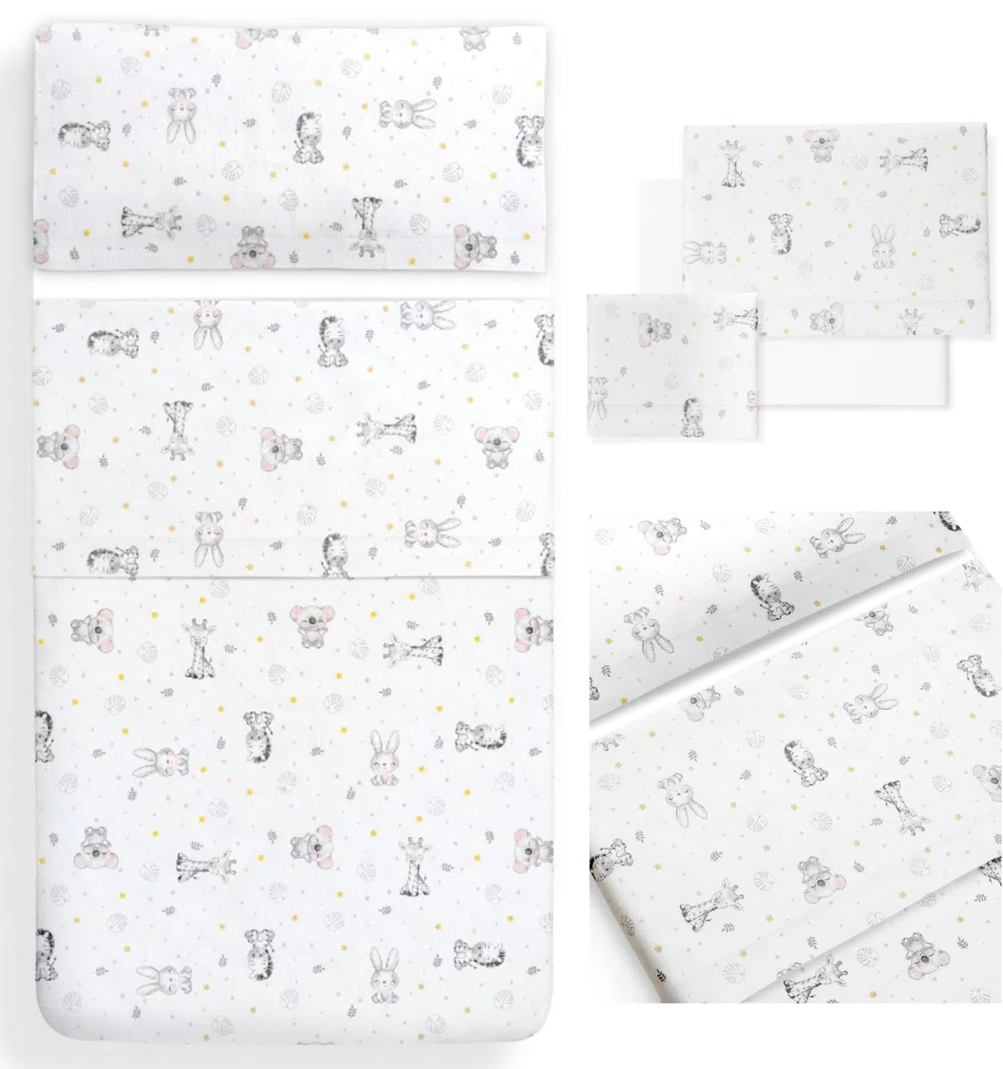 Sábanas Cochecito, Capazo, Carrito medidas compatibles 80x40cm/ 75x35cm/ 75x33cm/ 72x32cm Conjunto 3 Piezas, Franela 100% Algodón, Ideal Otoño e Invierno, Koala Blanco/Rosa - Hecho en España
