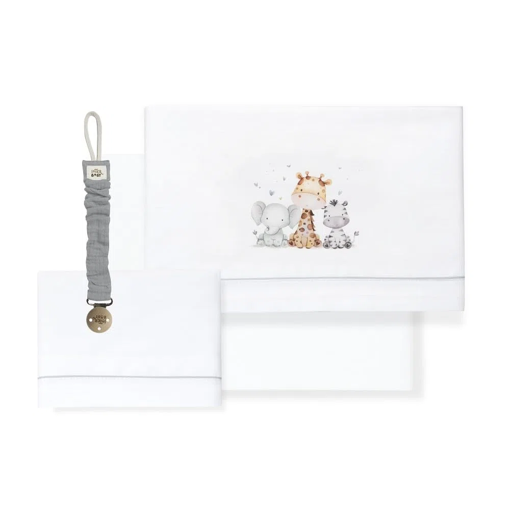 mibebestore Sabanas 100% Algodón Cuna 60X120 - Modelo 01 Color Blanco/Gris- (Bajera+encimera+Funda Almohada) - Ideales para Verano. Hechas en España