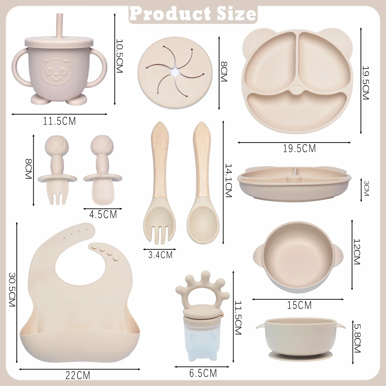 Juego de vajilla de silicona para bebé, 10 piezas: platos, antideslizantes, ventosa, cuenco, babero, cuchara, tenedor, vaso, juego de tetina de frutas, color beige