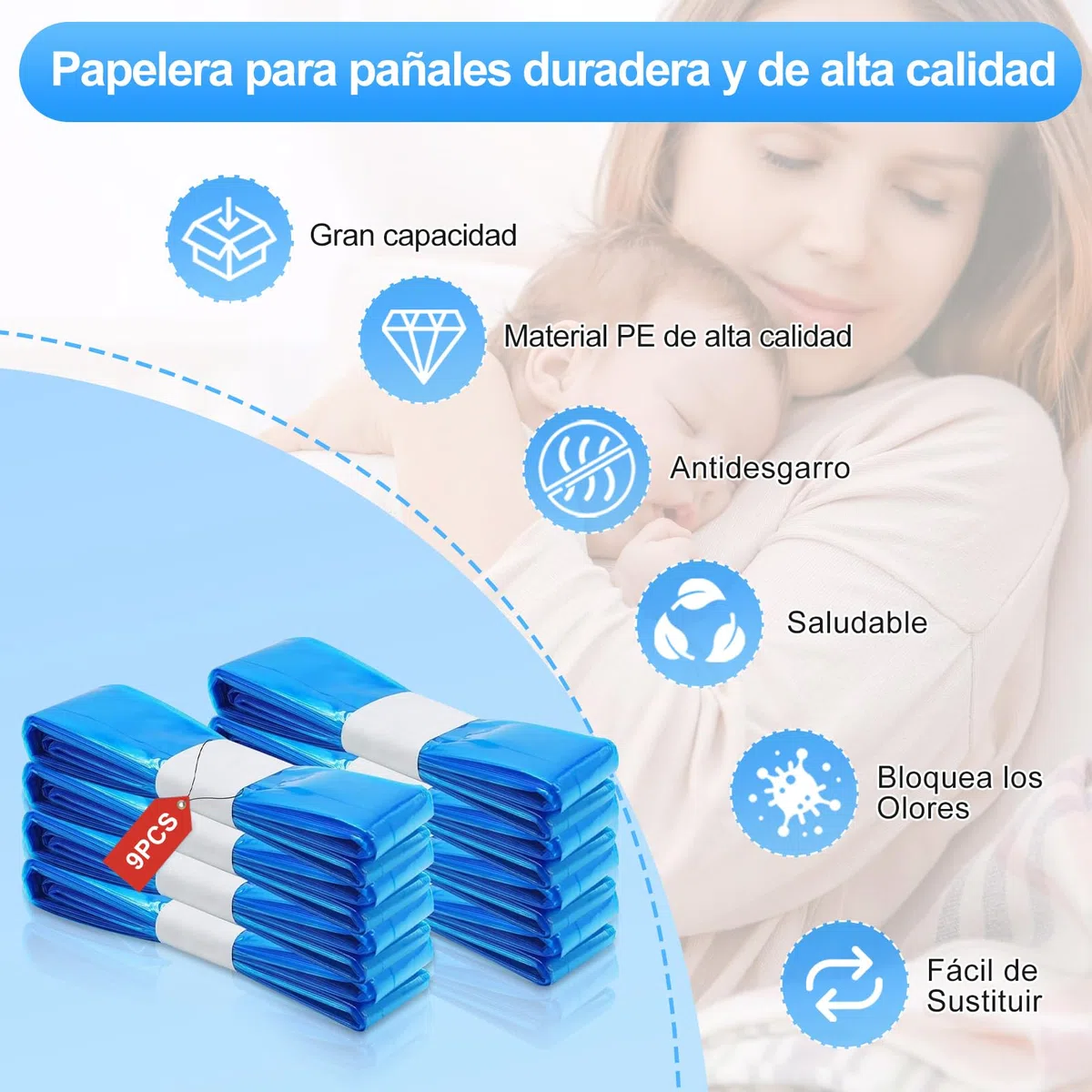 9 Piezas Recambios Cubos de Pañales, 4.5M Bolsa de Relleno para Papelera Pañales Bebe Excelente Sellado,Todos Contenedores Pañales