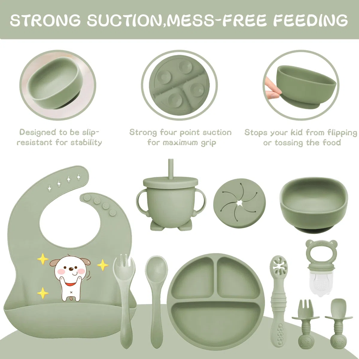 Vajilla Bebe Silicona, 12 Piezas Juegos de Vajilla Bebe Antideslizante con Platos Cuenco Babero Cuchara Bebe Taza, Cubiertos Bebe, Baby Led Weaning, Sin BPA, Cubiertos Infantiles (Verde)