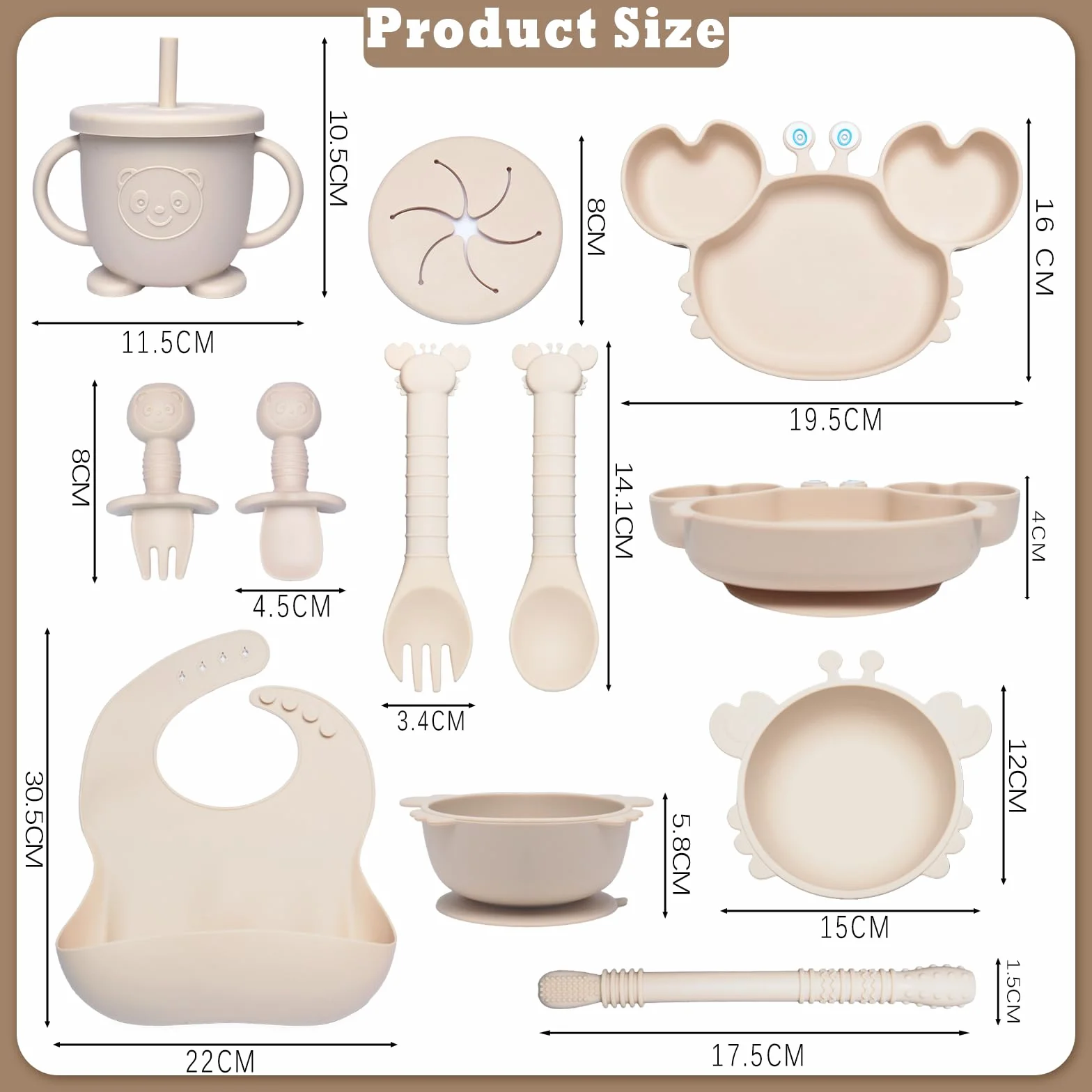 Vajilla Bebe Silicone, 10 Piezas Cubiertos, Antideslizante Con Plato Bebe Ventosa Vasito Cuchara Babero, Vajilla Aprendizaje Comer Destete (Beige)