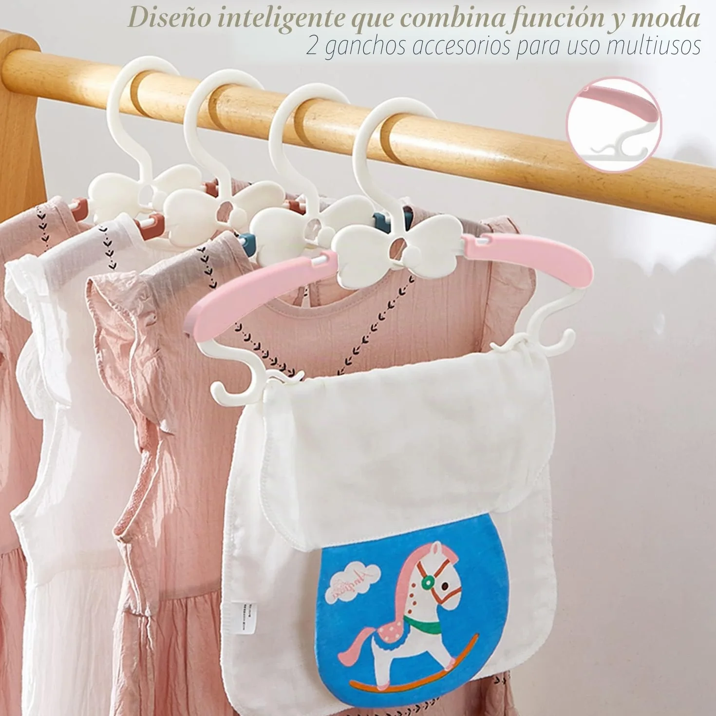 Perchas Bebe Apilables con Ganchos de Mariposa, Plástico Antideslizantes, Juego de 20, Ahorro de Espacio (Rosa + Blanco)