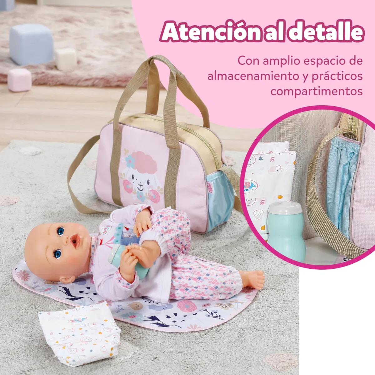 Baby Born Bolso cambiador – Bolso para muñecas con diseño floral – Incluye cambiador, pañal & bote de talco – Accesorio para muñecas de 36 cm & 43 cm
